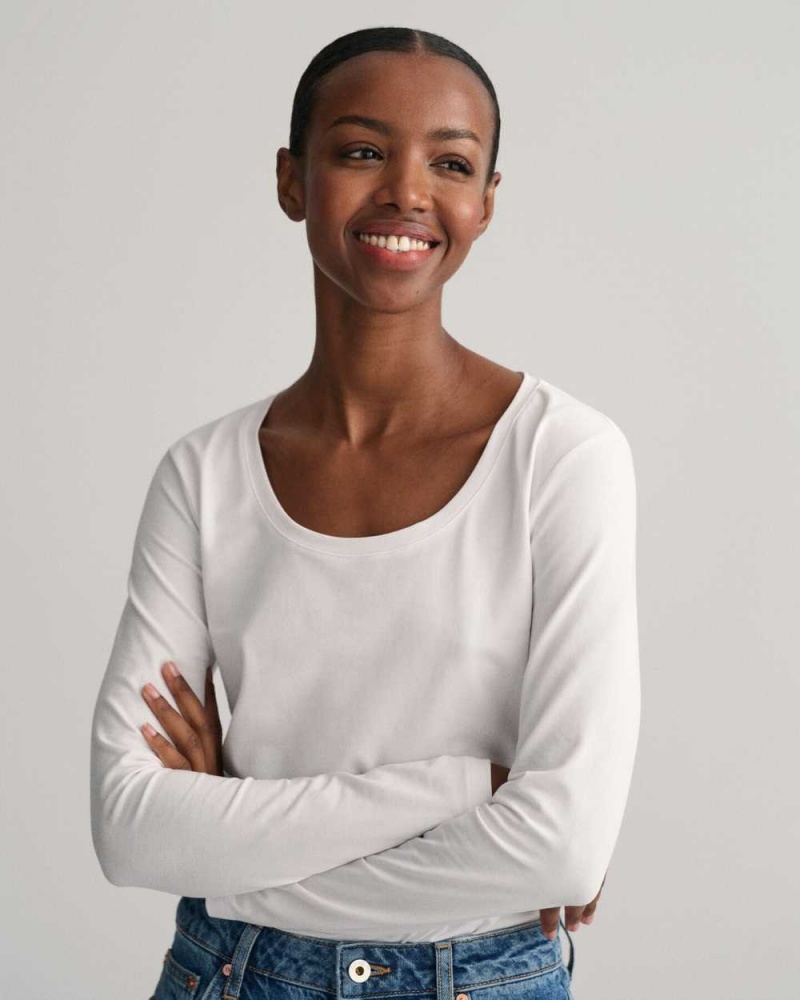 Gant Scoop Neck Long Sleeve Women's T-Shirt White | EAGPX-2460