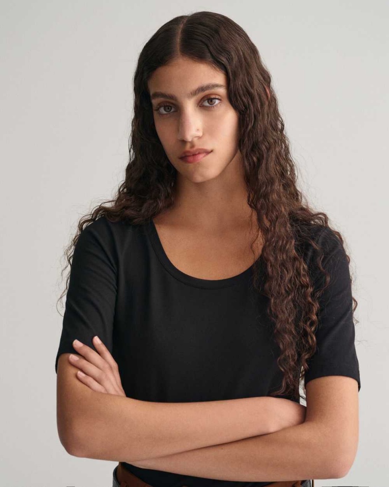 Gant Scoop Neck Women's T-Shirt Black | XEFHA-7942