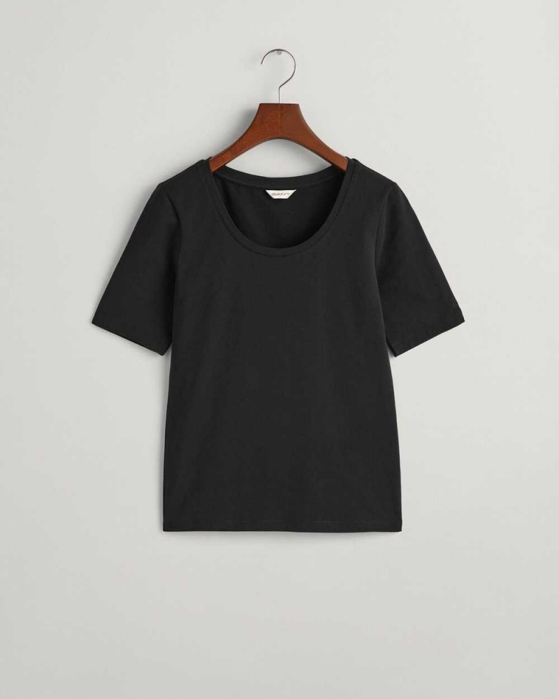 Gant Scoop Neck Women's T-Shirt Black | XEFHA-7942