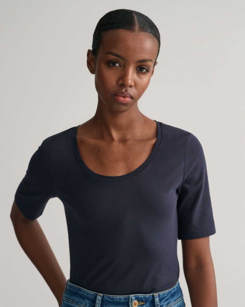 Gant Scoop Neck Women's T-Shirt Evening Blue | NXYJE-3278