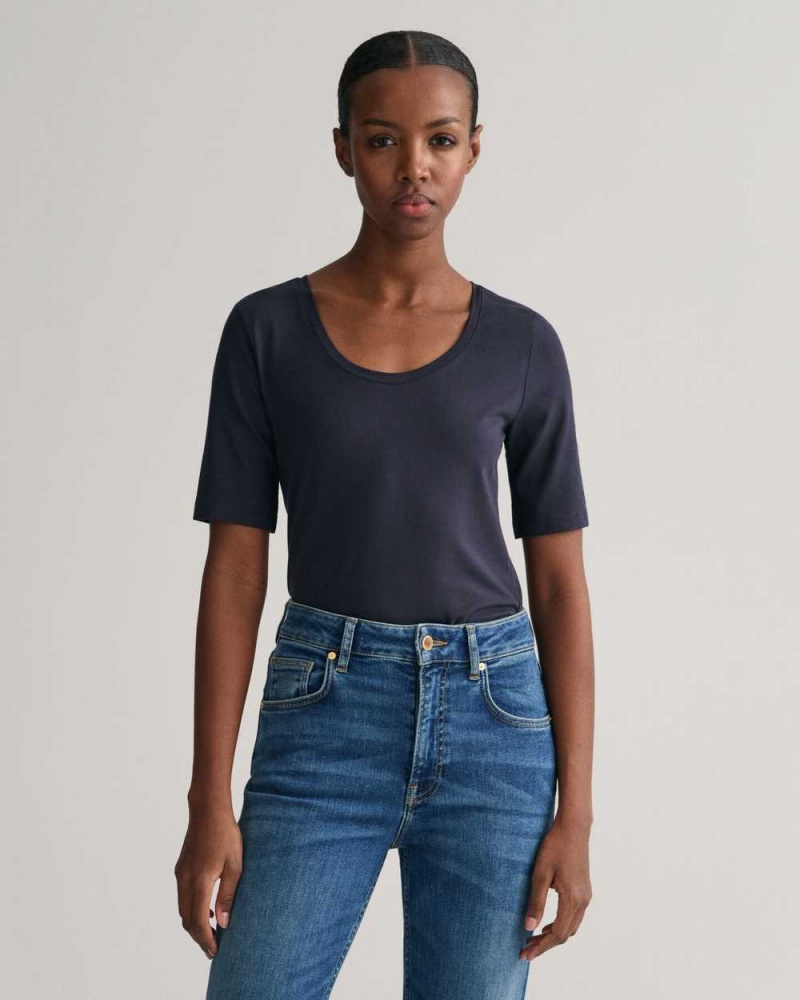 Gant Scoop Neck Women\'s T-Shirt Evening Blue | NXYJE-3278