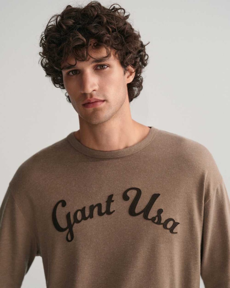 Gant Script Graphic Long Sleeve Men's T-Shirt Desert Brown | XNOUC-6371