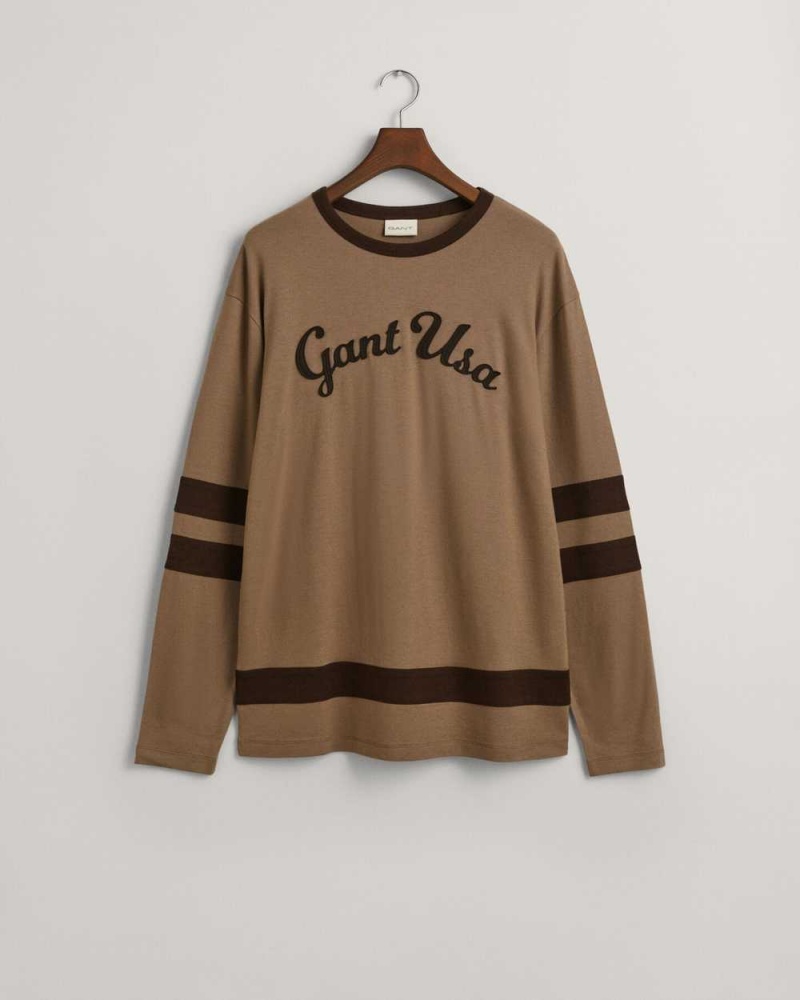 Gant Script Graphic Long Sleeve Men's T-Shirt Desert Brown | XNOUC-6371