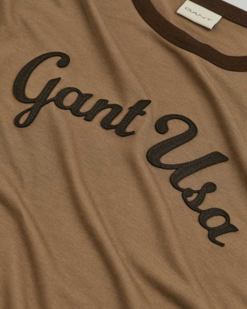 Gant Script Graphic Long Sleeve Men's T-Shirt Desert Brown | XNOUC-6371