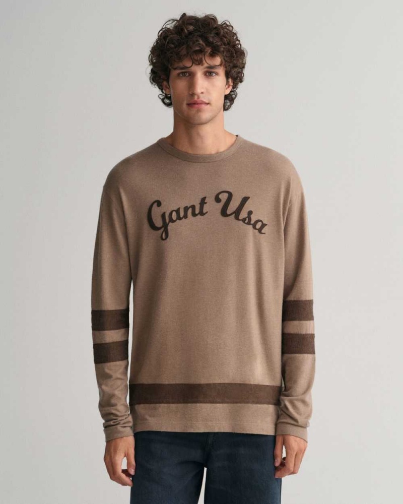 Gant Script Graphic Long Sleeve Men\'s T-Shirt Desert Brown | XNOUC-6371