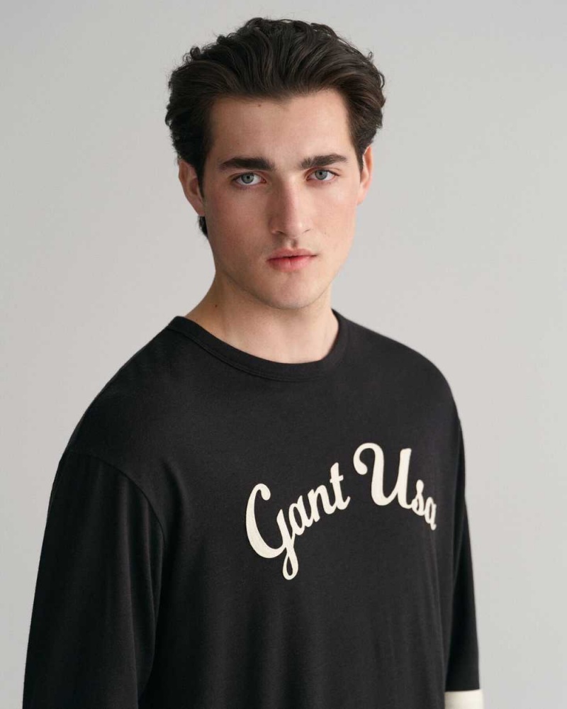 Gant Script Graphic Long Sleeve Men's T-Shirt Black | VULOI-4980