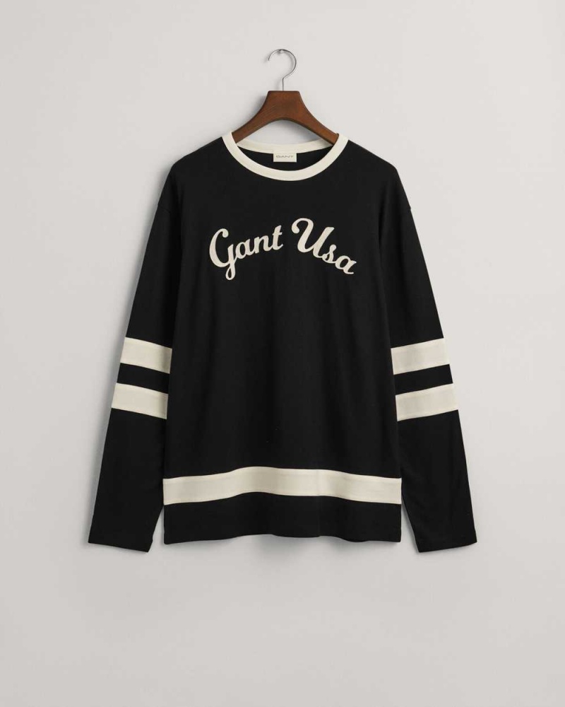 Gant Script Graphic Long Sleeve Men's T-Shirt Black | VULOI-4980