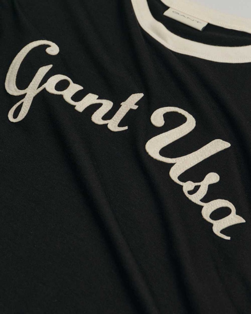 Gant Script Graphic Long Sleeve Men's T-Shirt Black | VULOI-4980