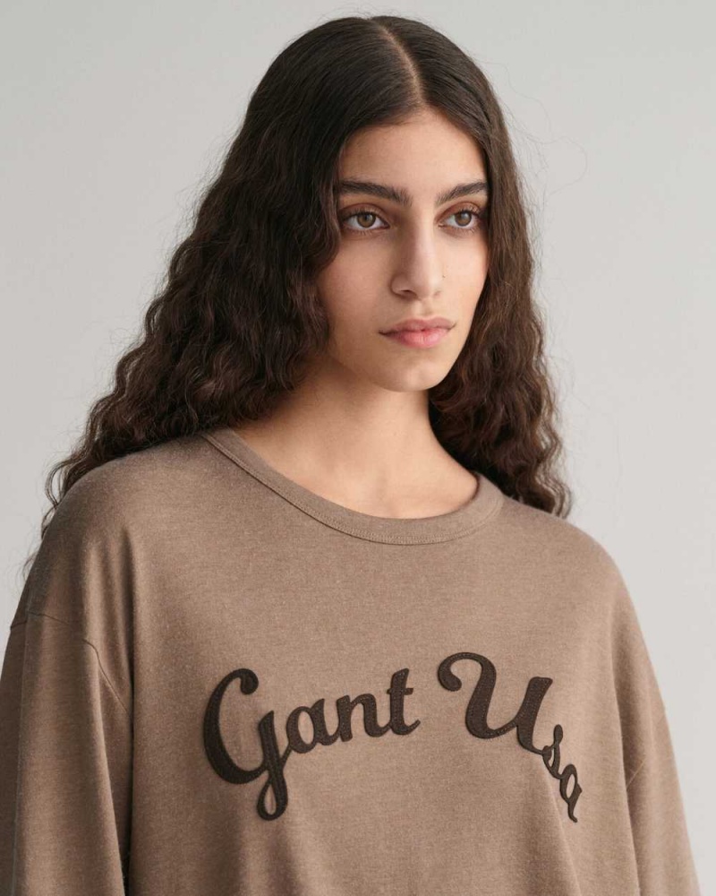 Gant Script Graphic Long Sleeve Men's T-Shirt Desert Brown | CETGI-1360