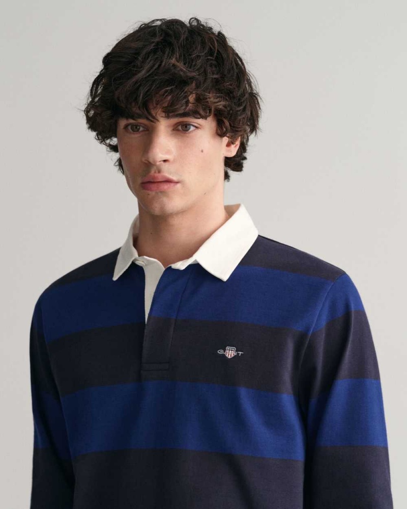 Gant Shield Barstripe Heavy Rugger Men's Shirts Rich Navy | BUEYI-1827