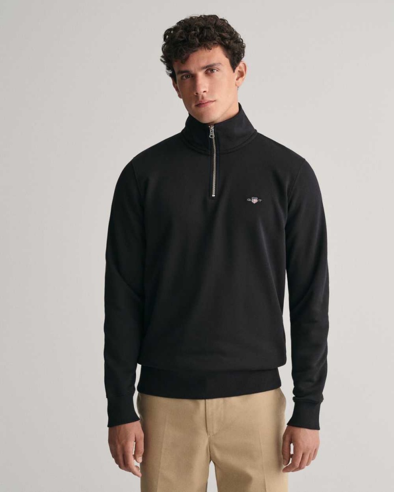 Gant Shield Half-Zip Men\'s Sweatshirts Black | VHPCY-2634