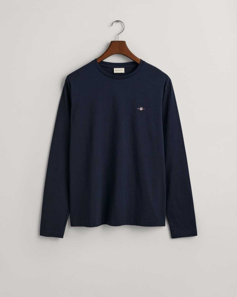 Gant Shield Long Sleeve Men's T-Shirt Evening Blue | MTOGZ-0179