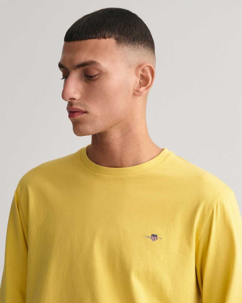 Gant Shield Long Sleeve Men's T-Shirt Parchment Yellow | RJWBP-8765