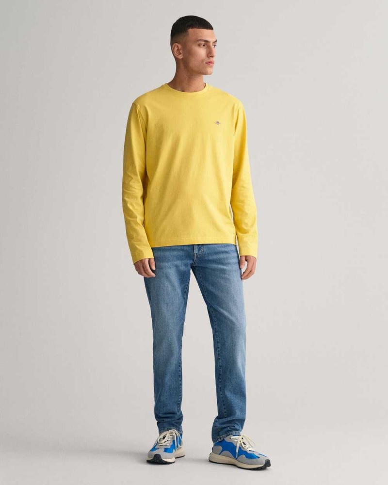 Gant Shield Long Sleeve Men's T-Shirt Parchment Yellow | RJWBP-8765