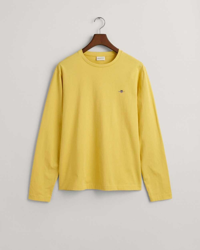 Gant Shield Long Sleeve Men's T-Shirt Parchment Yellow | RJWBP-8765