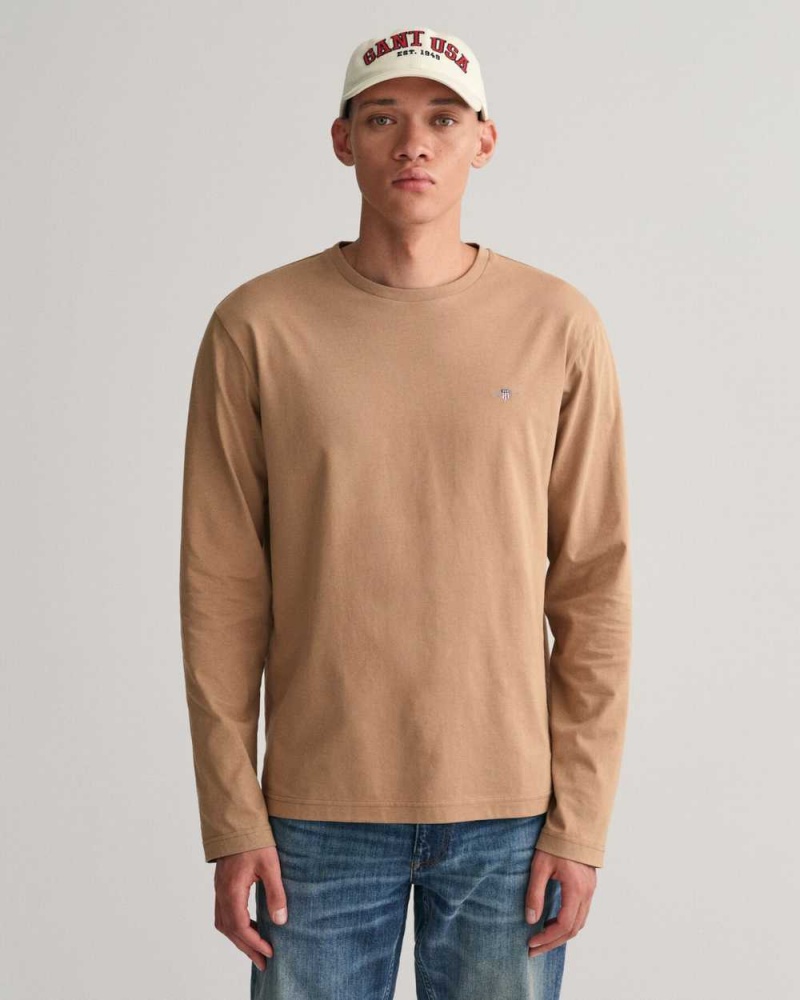 Gant Shield Long Sleeve Men\'s T-Shirt Warm Khaki | KIUCX-0835