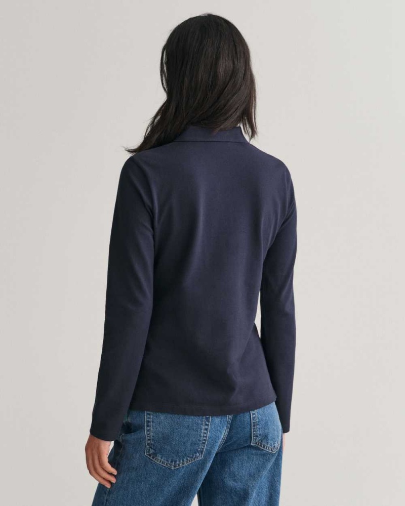 Gant Shield Long Sleeve Piqué Women's Polo Shirt Evening Blue | VLZSU-0351