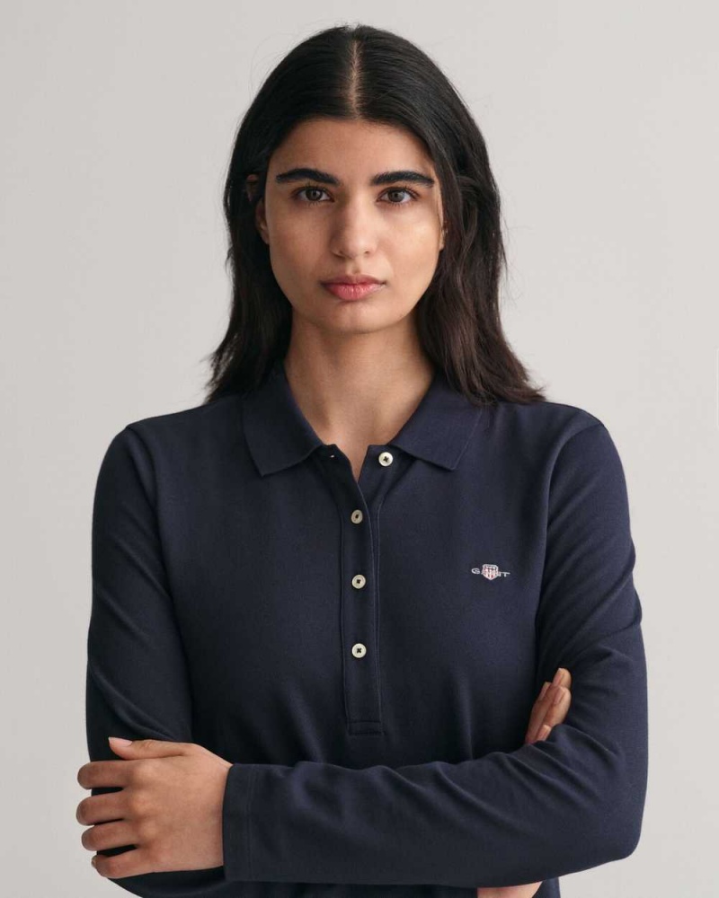 Gant Shield Long Sleeve Piqué Women's Polo Shirt Evening Blue | VLZSU-0351