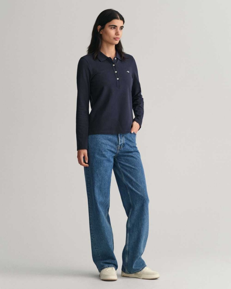 Gant Shield Long Sleeve Piqué Women's Polo Shirt Evening Blue | VLZSU-0351