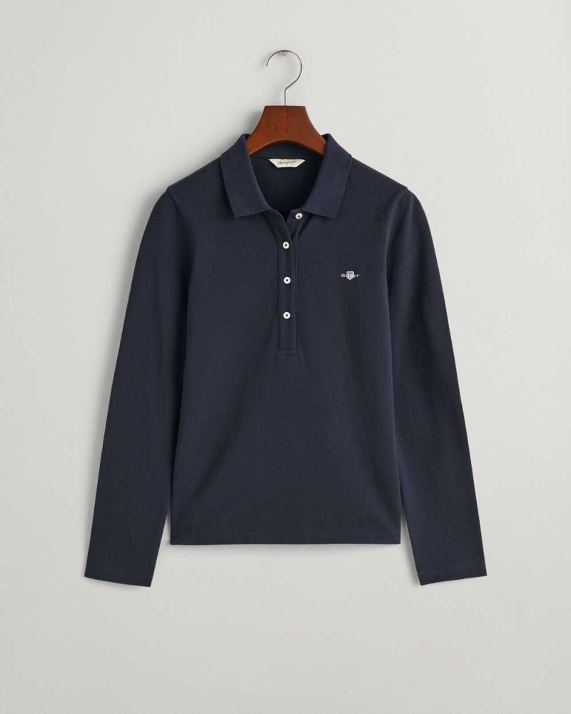 Gant Shield Long Sleeve Piqué Women's Polo Shirt Evening Blue | VLZSU-0351