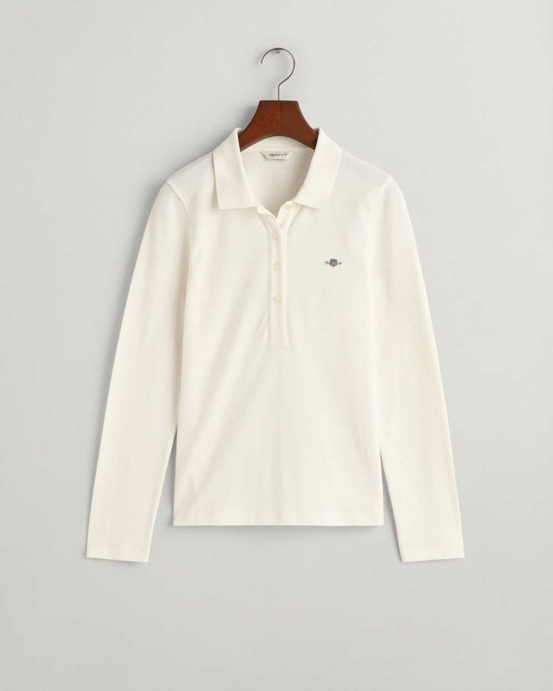 Gant Shield Long Sleeve Piqué Women's Polo Shirt Beige White | KQFGE-1635