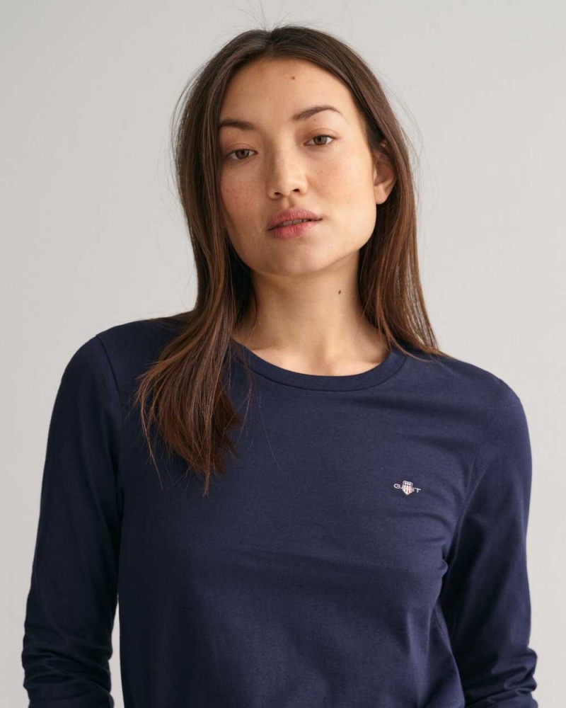 Gant Shield Long Sleeve Women's T-Shirt Evening Blue | RDYKZ-1075