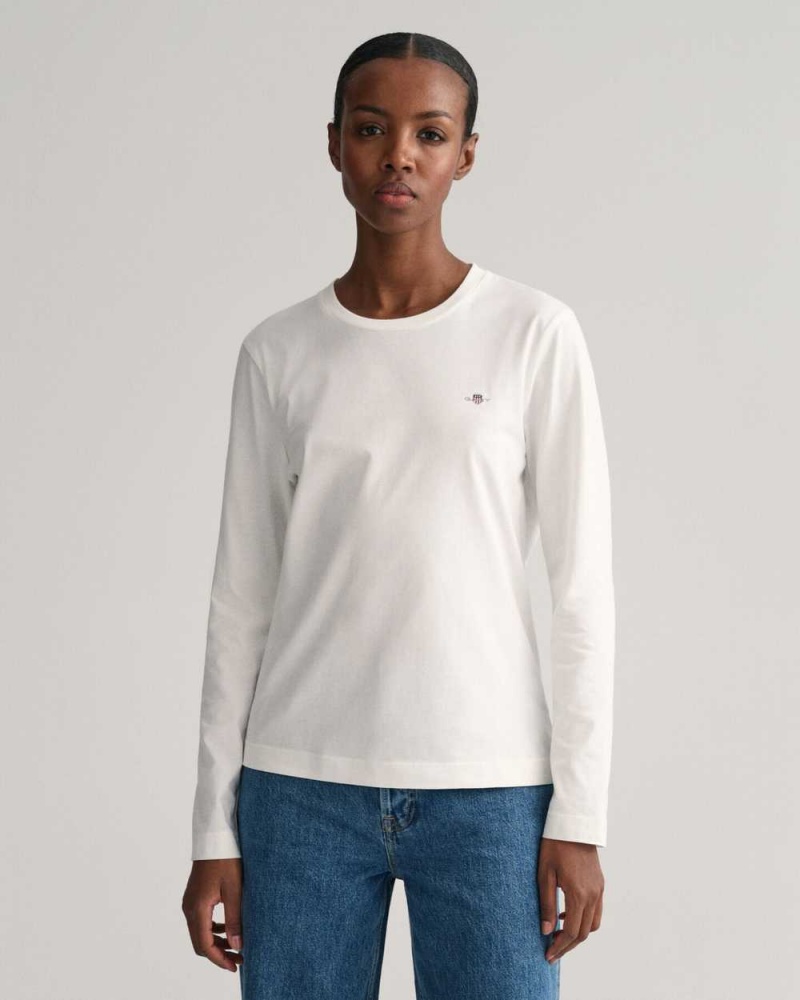 Gant Shield Long Sleeve Women\'s T-Shirt White | QYXOA-6570