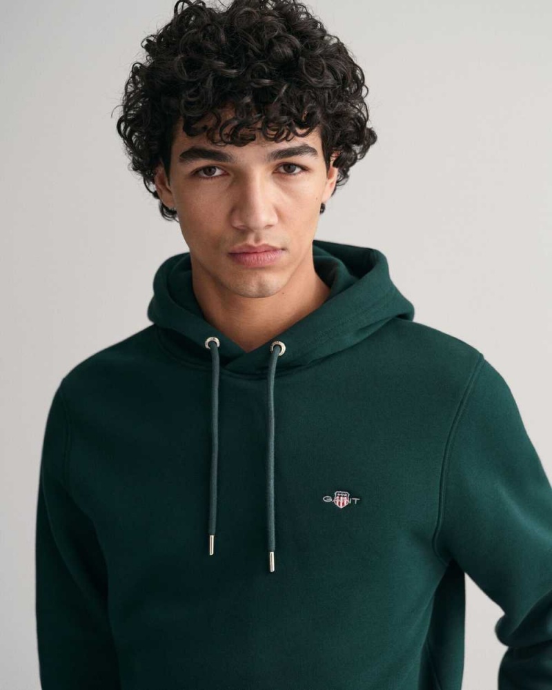 Gant Shield Men's Hoodie Tartan Green | DTFUQ-2160