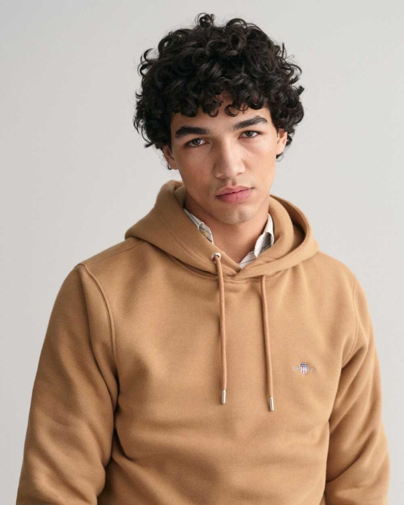 Gant Shield Men's Hoodie Warm Khaki | LJYZF-8935