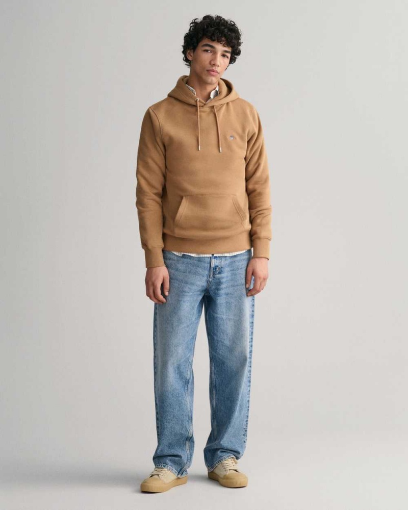 Gant Shield Men's Hoodie Warm Khaki | LJYZF-8935