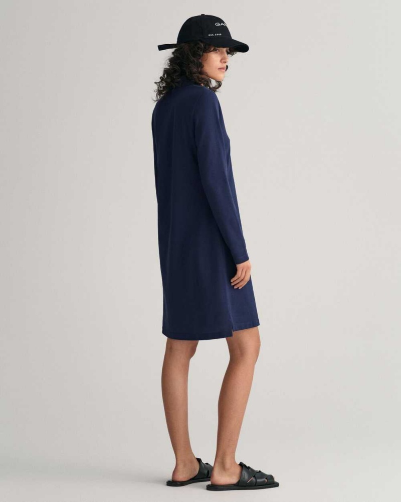 Gant Shield Piqué Long Sleeve Women's Dress Evening Blue | UVTJQ-9415