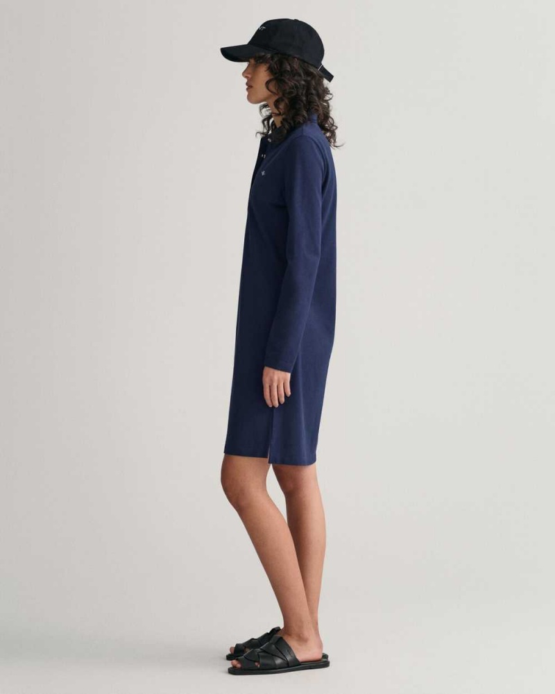 Gant Shield Piqué Long Sleeve Women's Dress Evening Blue | UVTJQ-9415