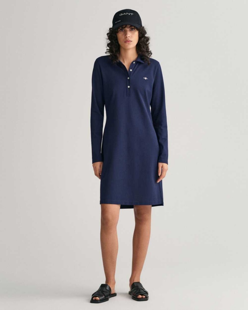 Gant Shield Piqué Long Sleeve Women's Dress Evening Blue | UVTJQ-9415