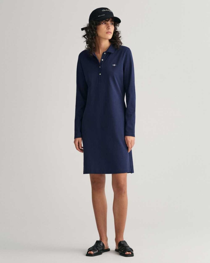 Gant Shield Piqué Long Sleeve Women's Dress Evening Blue | UVTJQ-9415