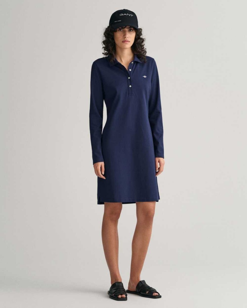 Gant Shield Piqué Long Sleeve Women\'s Dress Evening Blue | UVTJQ-9415