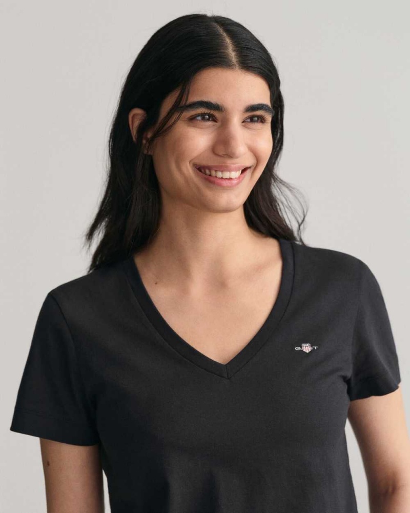 Gant Shield V-Neck Women's T-Shirt Black | DIUAF-7316