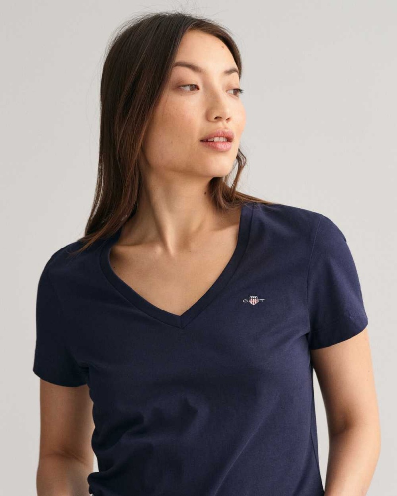 Gant Shield V-Neck Women's T-Shirt Evening Blue | UIJKL-3547