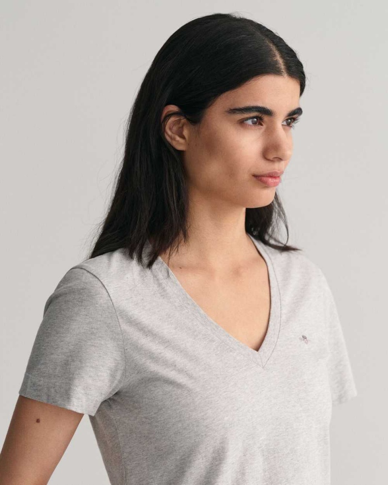 Gant Shield V-Neck Women's T-Shirt Light Grey Melange | KSCHD-4861