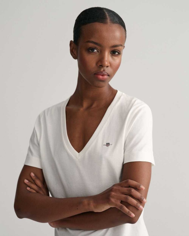 Gant Shield V-Neck Women's T-Shirt White | NSWJX-0896