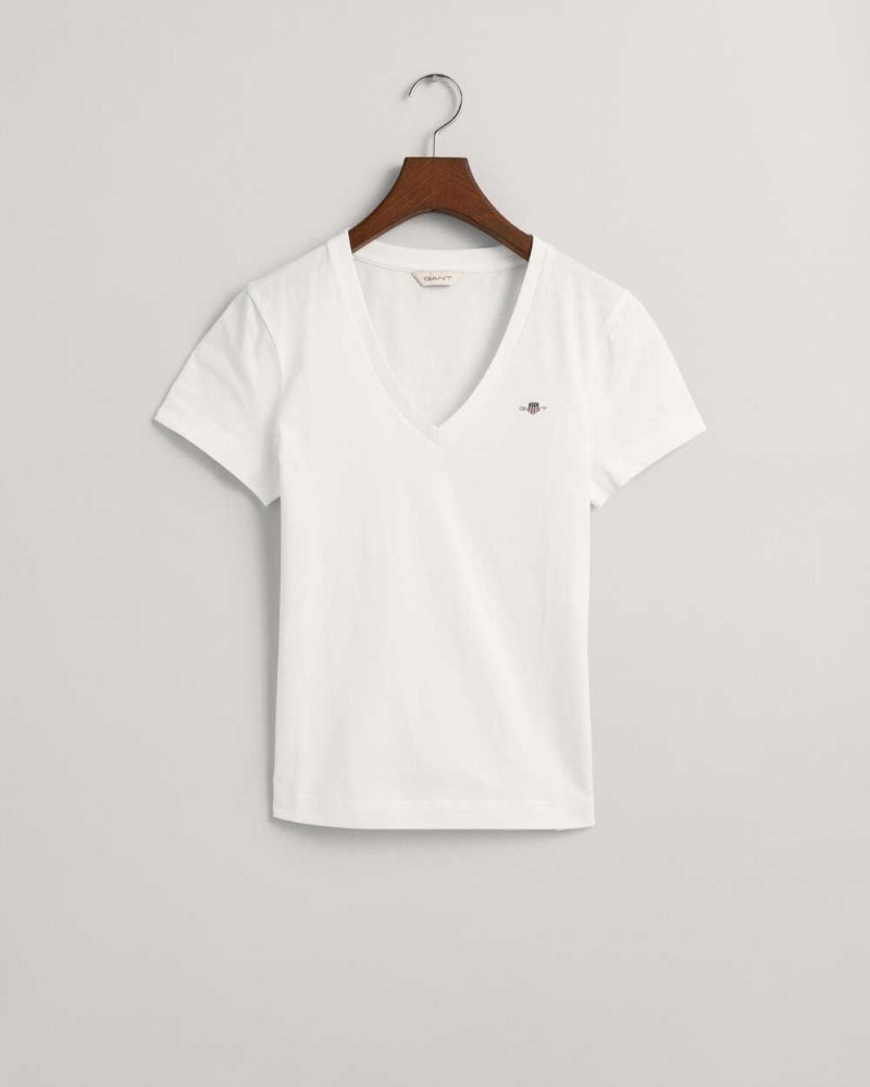 Gant Shield V-Neck Women's T-Shirt White | NSWJX-0896