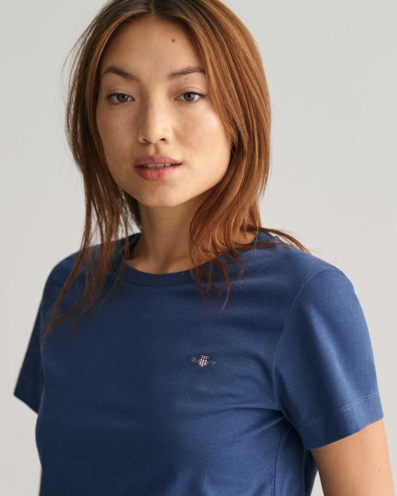 Gant Shield Women's T-Shirt Dusty Blue Sea | XHMPR-8201