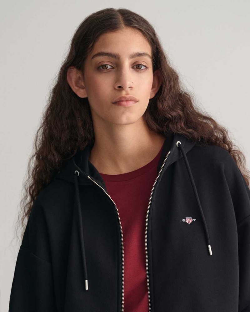 Gant Shield Zip Women's Hoodie Black | TIWPJ-6413