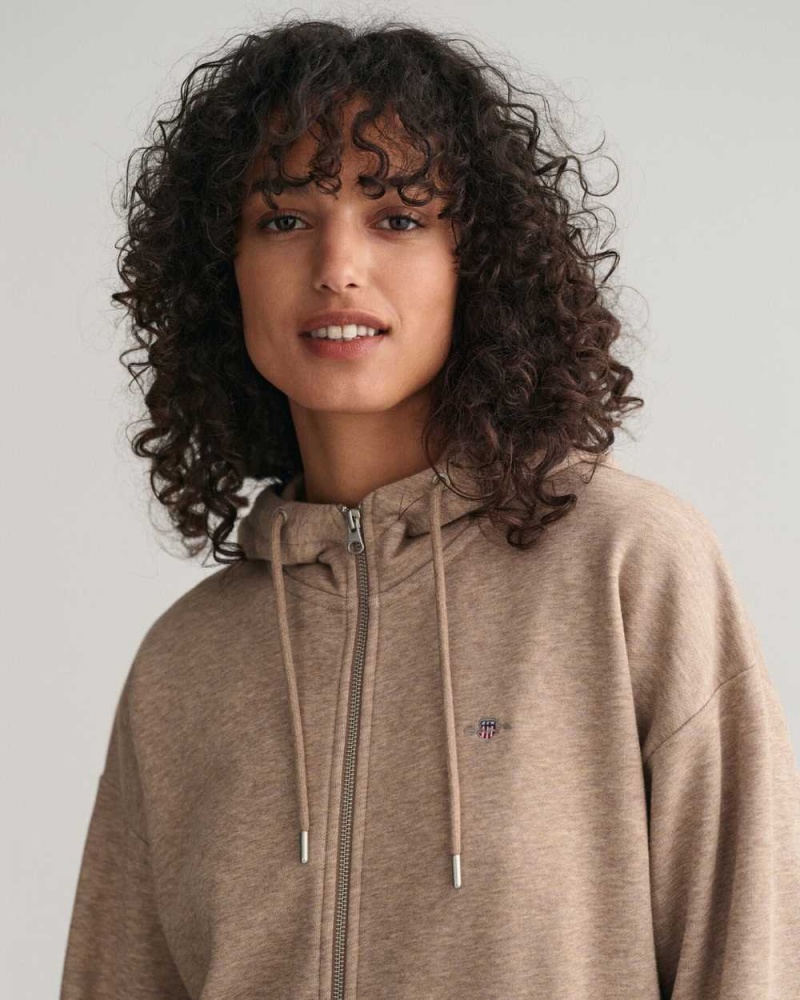 Gant Shield Zip Women's Hoodie Desert Brown | SQUTA-8592