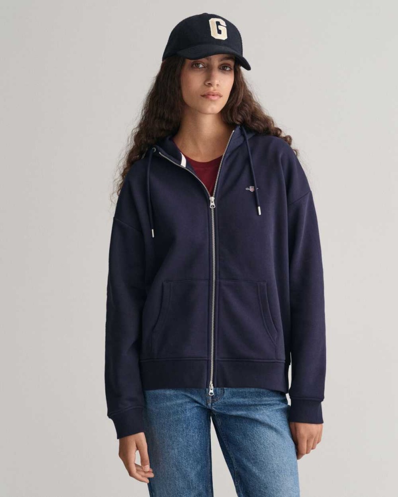 Gant Shield Zip Women\'s Hoodie Evening Blue | RMOPH-8196