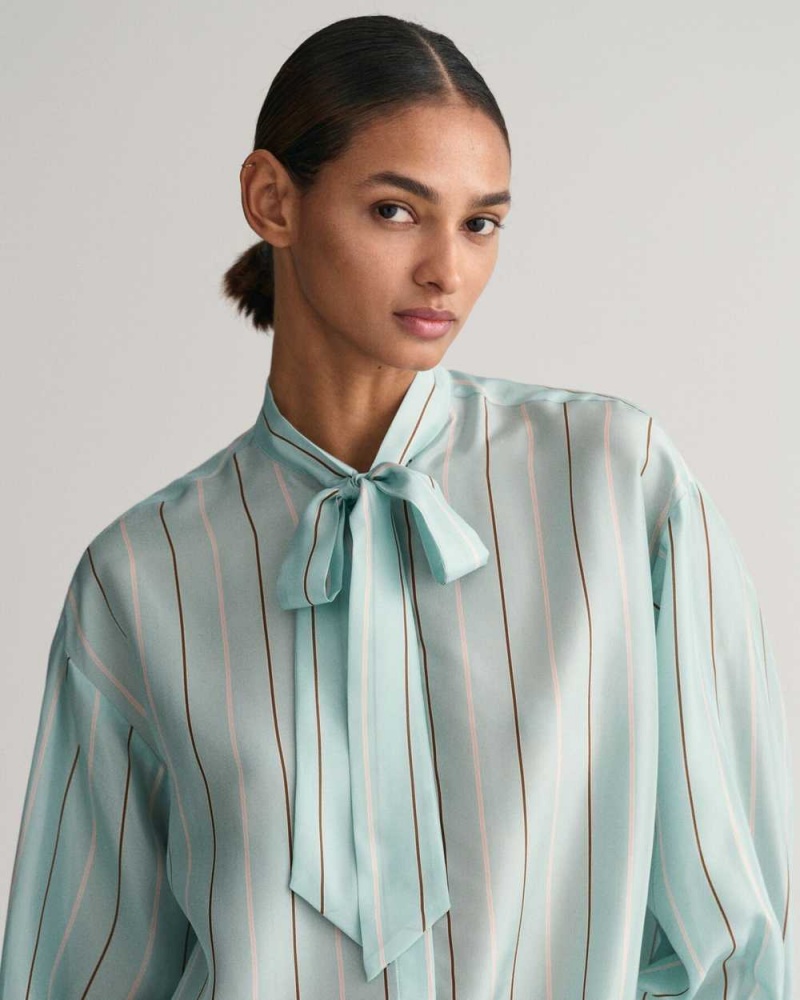 Gant Silk Striped Bow Women's Shirts Dusty Turquoise | JEMZO-5904