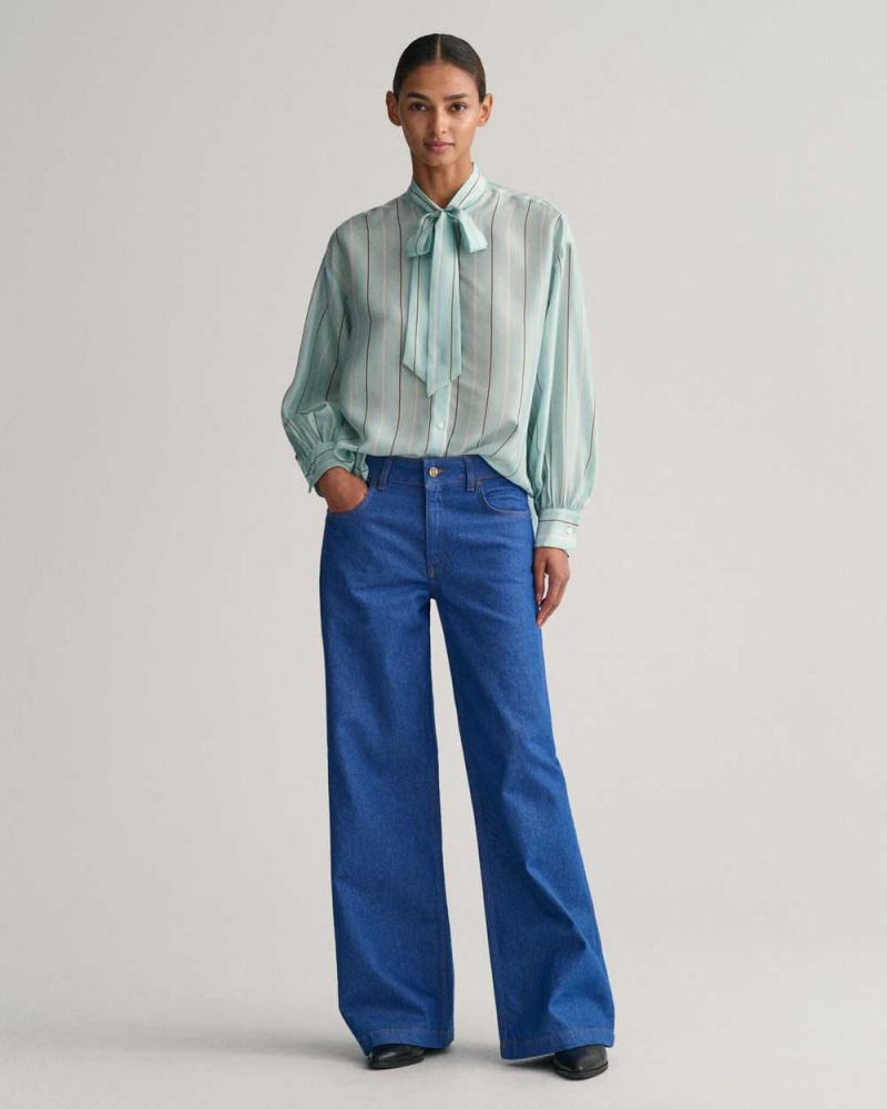 Gant Silk Striped Bow Women's Shirts Dusty Turquoise | JEMZO-5904