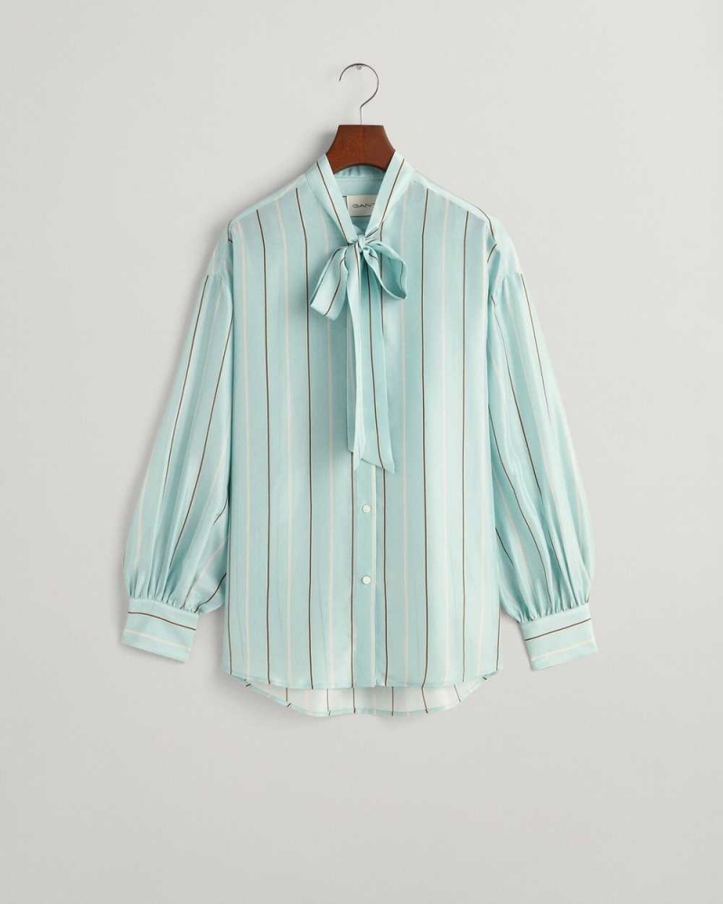 Gant Silk Striped Bow Women's Shirts Dusty Turquoise | JEMZO-5904