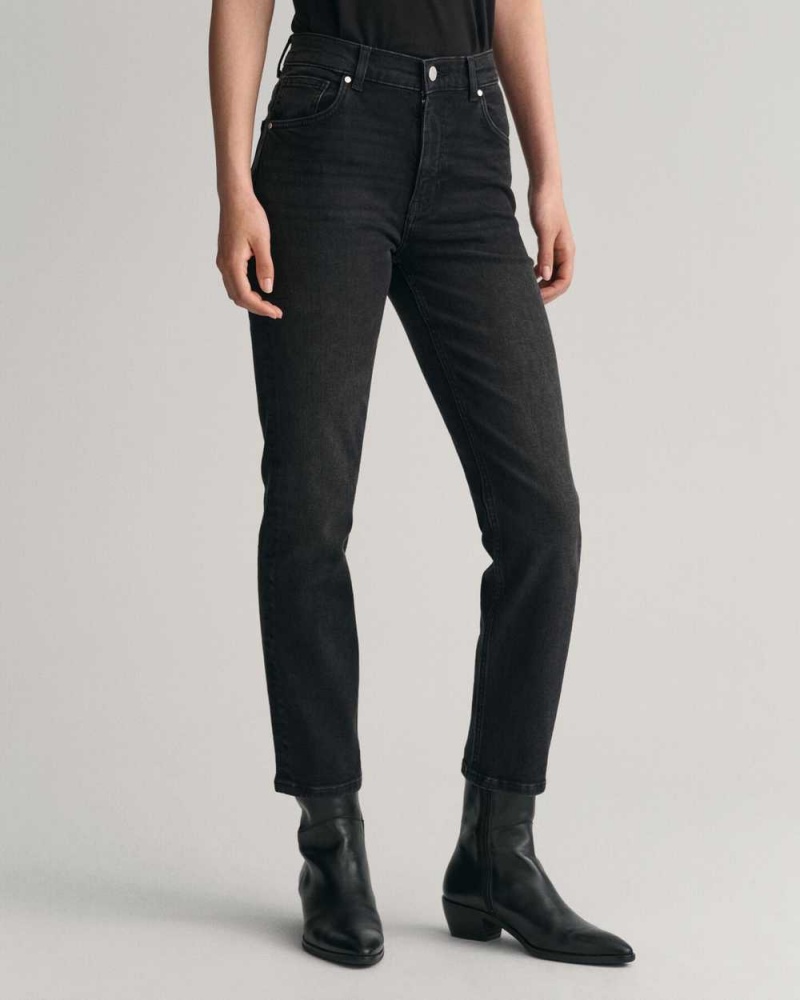 Gant Slim Fit Cropped Black Women's Jeans Black Worn In | YRTFG-0839