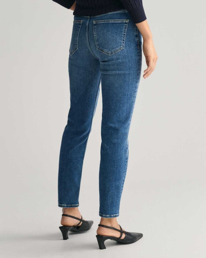 Gant Slim Fit Cropped Women's Jeans Mid Blue Worn In | OBQPW-9624