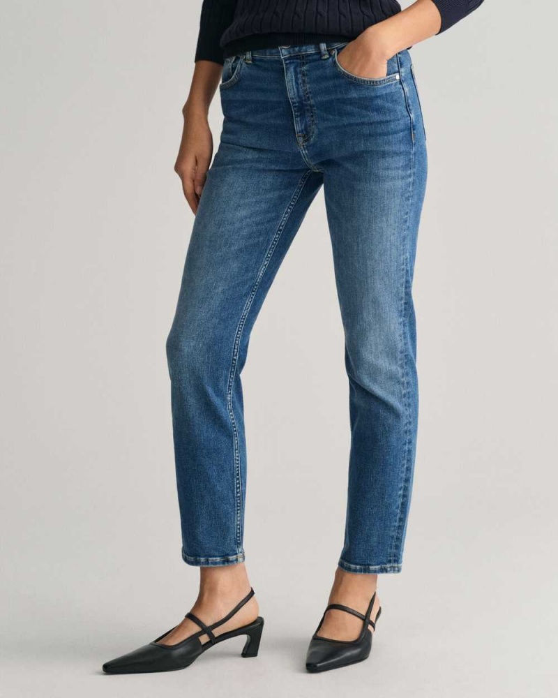 Gant Slim Fit Cropped Women's Jeans Mid Blue Worn In | OBQPW-9624